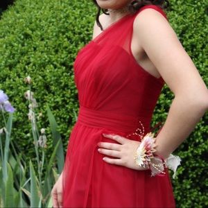 Red bridesmaid dress suited for formal events.